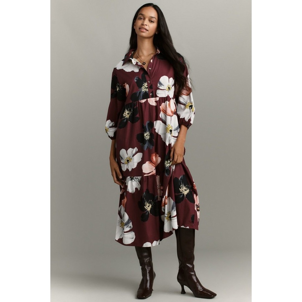 Anthropologie Maeve Bettina Tiered Shirt Dress Wine Floral Midi Fall Boho XL